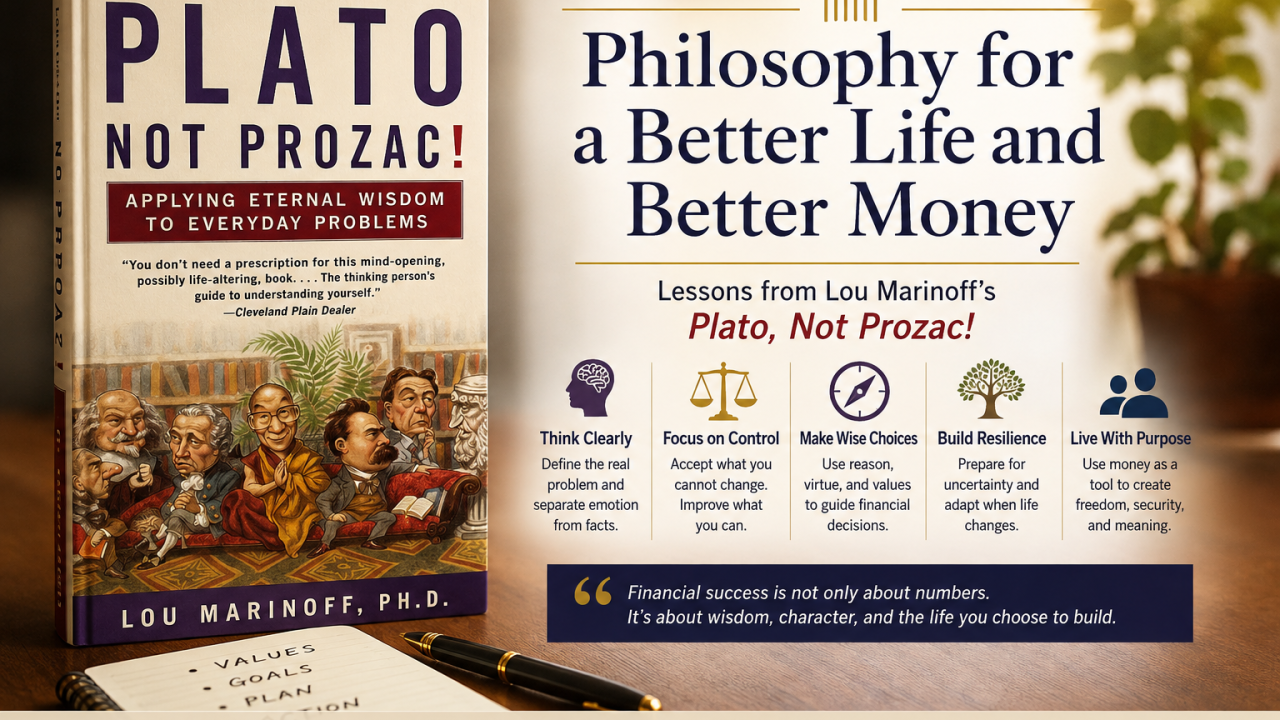 Plato, Not Prozac! book beside a philosophy and personal finance graphic.